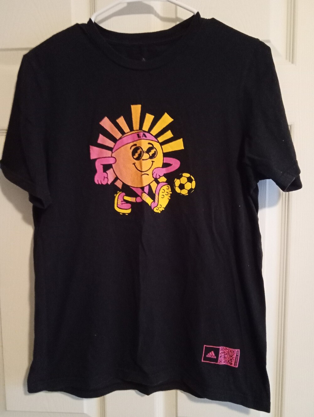 adidas Black Tee with Pink and Yellow Sun Soccer Graphic
